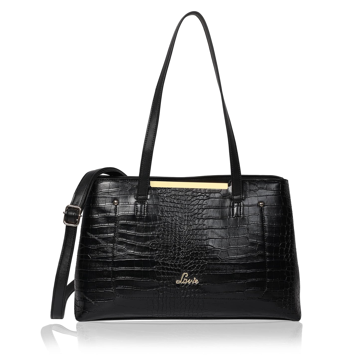 Lavie Women's Glossy Croc Viga Medium Satchel Bag Black Ladies Purse Handbag