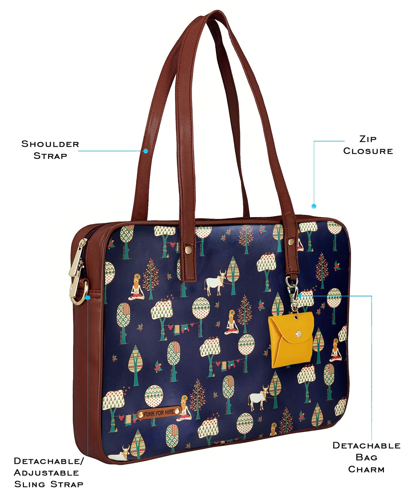 Funk For Hire Women Printed Faux Leather 15.6" Laptop Handbag/Sling Bag Navy Blue And Brown