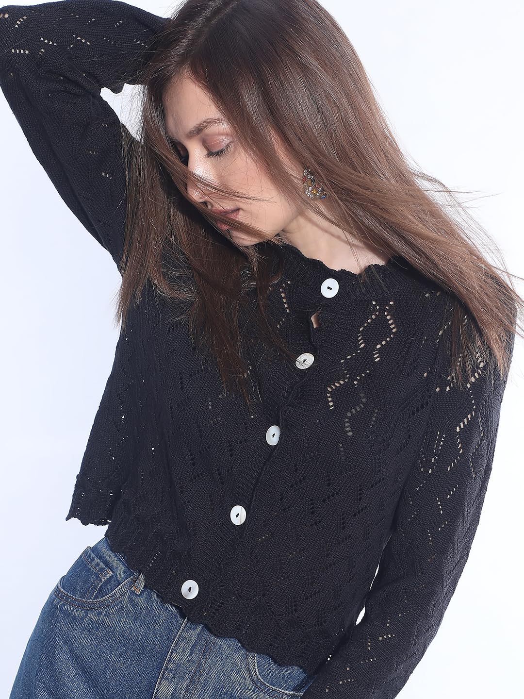 VERO MODA Women's Cotton Round Neck Sweater (10293696- Black