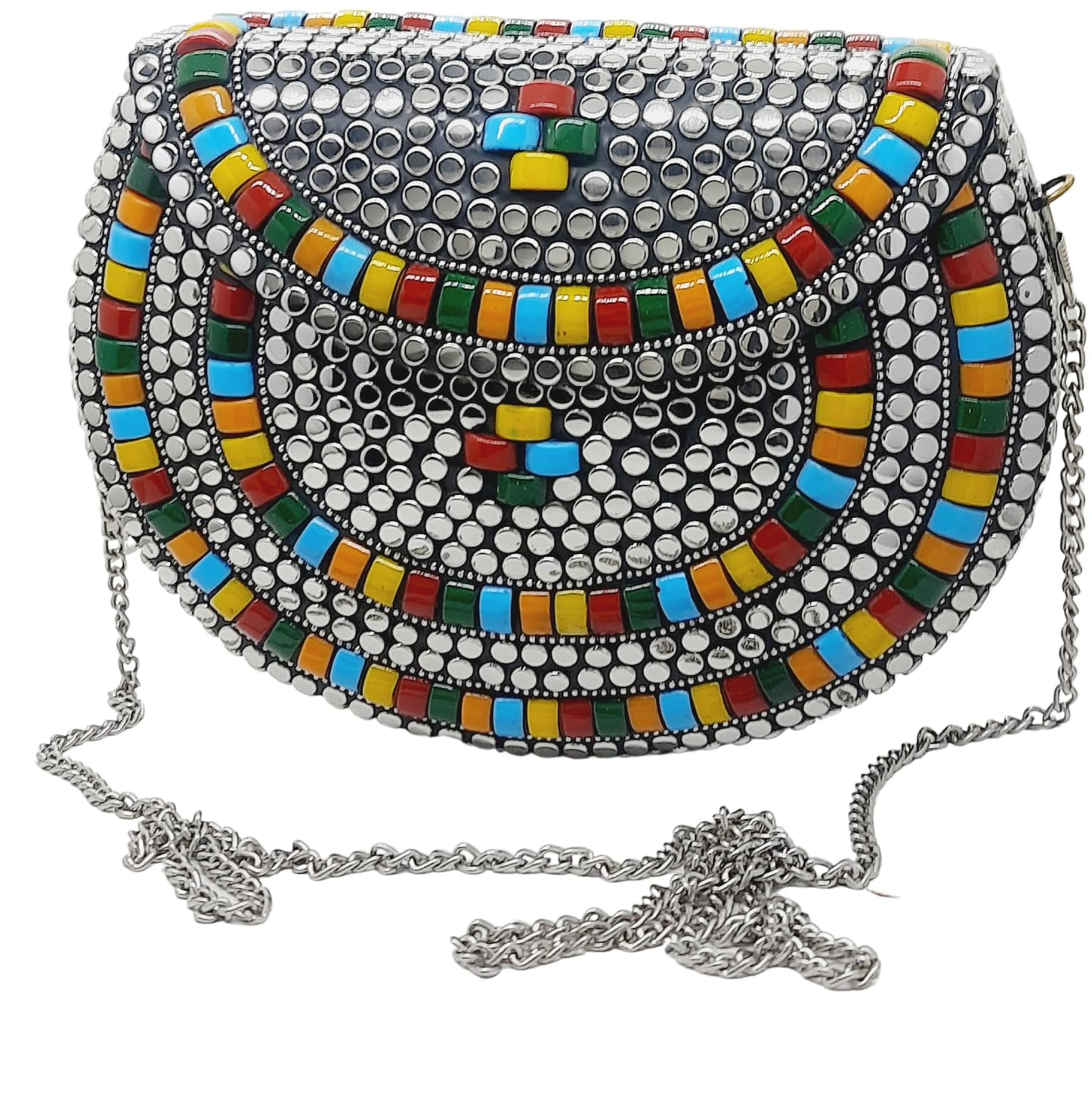 Trend Overseas Silver metal Beaded Ethnic purse Girls Bridal Bag cross body bag for women/Girl party clutch Metal clutches Vintage Brass (Multi Stone)