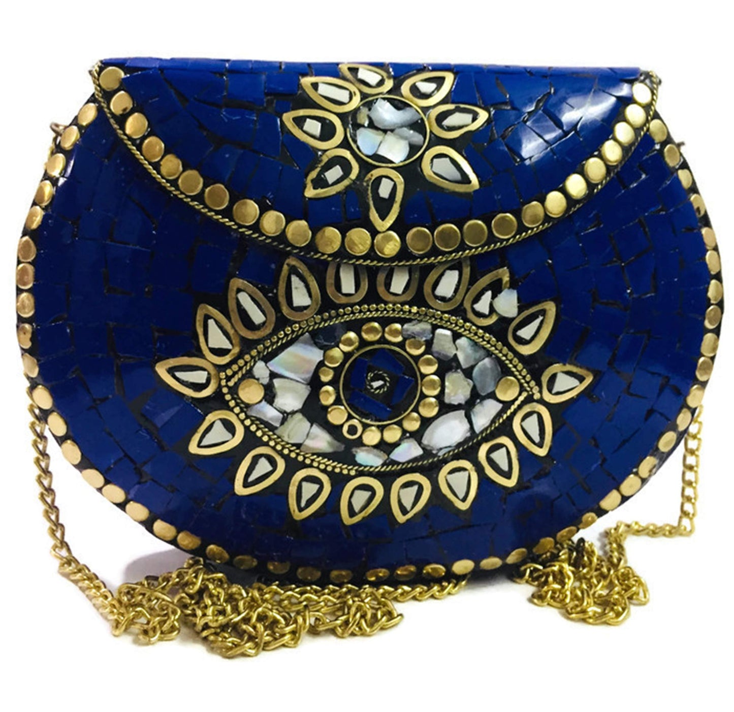 Trend Overseas Blue stone mosaic metal bag antique ethnic clutch indian antique purse party clutch women bag