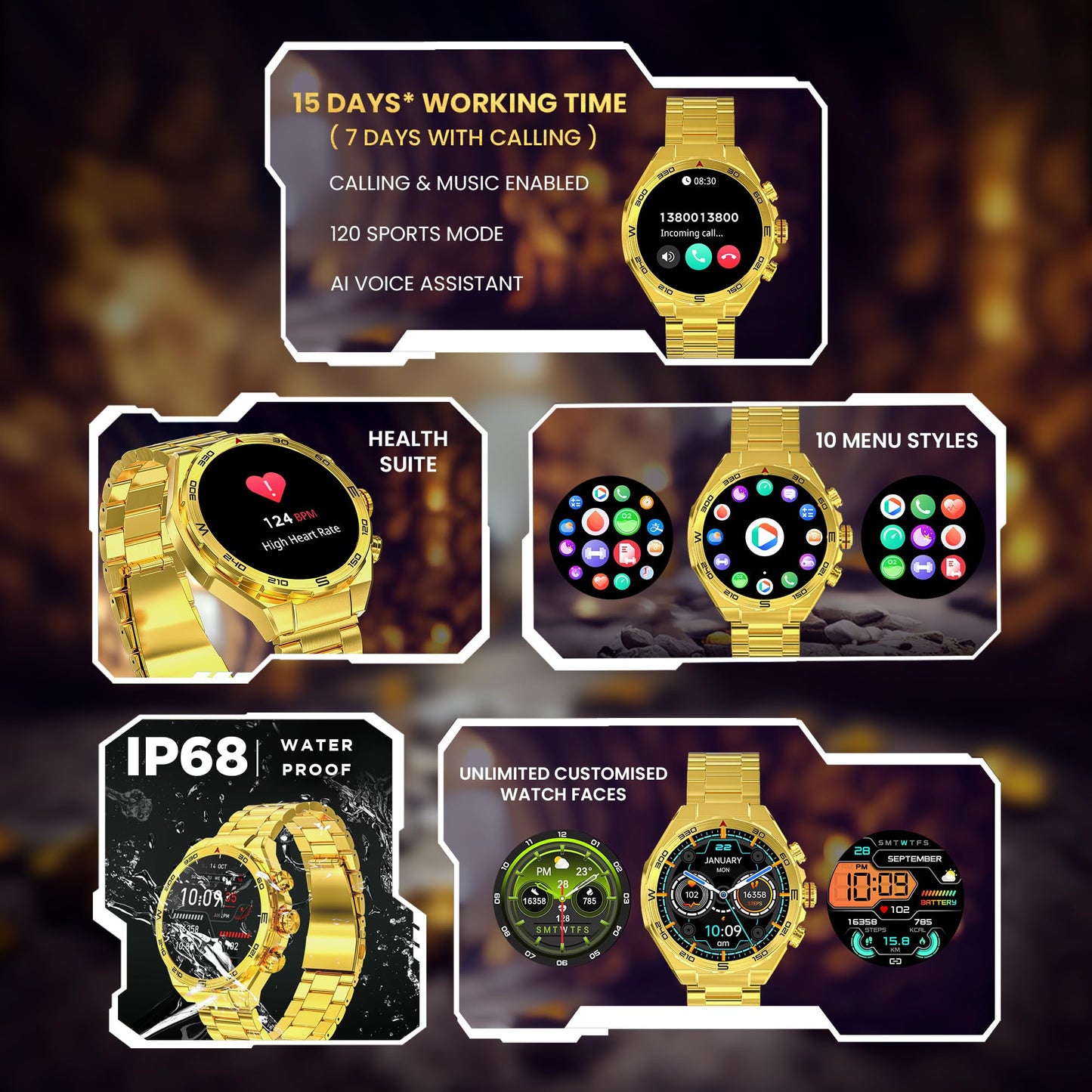 GIZMORE IKON Luxe 3.93cm (1.55) FHD Display | AOD with 600 NITS I Active Crown & 3 Buttons Control | IP68 | Zinc Alloy Metal Body | 15 Days Battery & 120 Sport Modes I BT Calling Smartwatch (Gold)