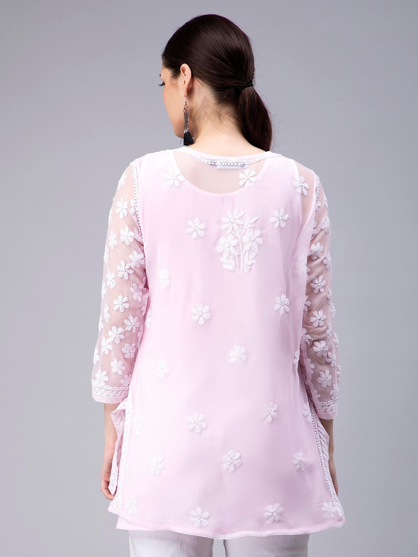 Seva Chikan Hand Embroidered Lucknowi Chikankari Pink Georgette Women Short Top & Tunic (Pink)