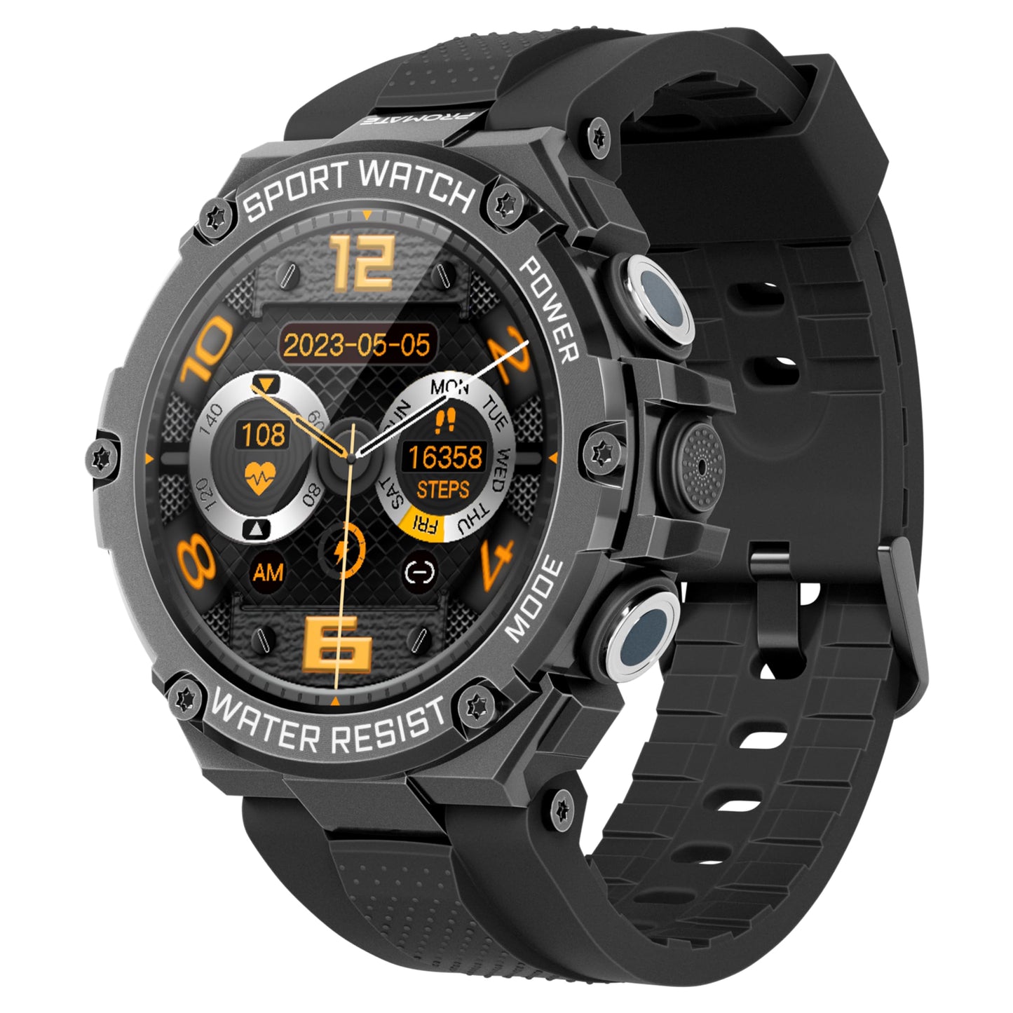 Promate Xwatch-R19 Rugged Smart Watch for Men, 1.53" Round Dial Smart Watch for Men with Bluetooth Calling, Water Resistant, AI Voice Assistance, 100+Modes & Faces, 15+ Days Long Battery (Black)