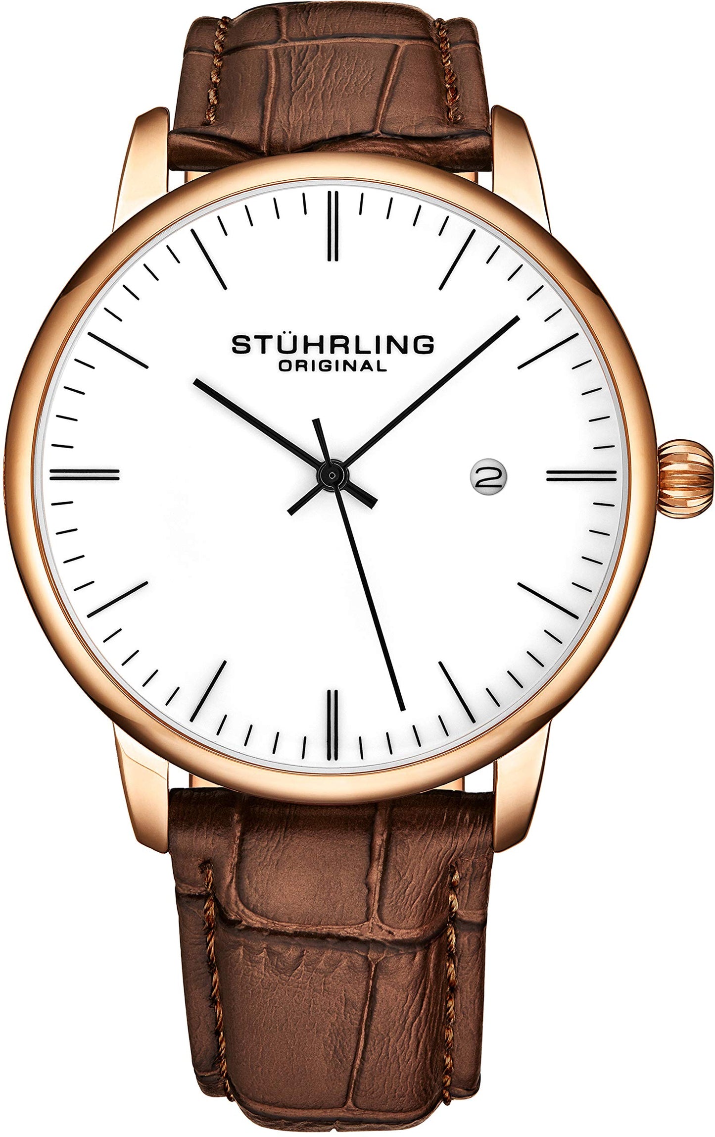 Stuhrling Original Mens Watch Calfskin Leather Strap - Dress + Casual Design - Analog Watch Dial with Date, 3997Z Watches for Men Collection (Rose Gold White)
