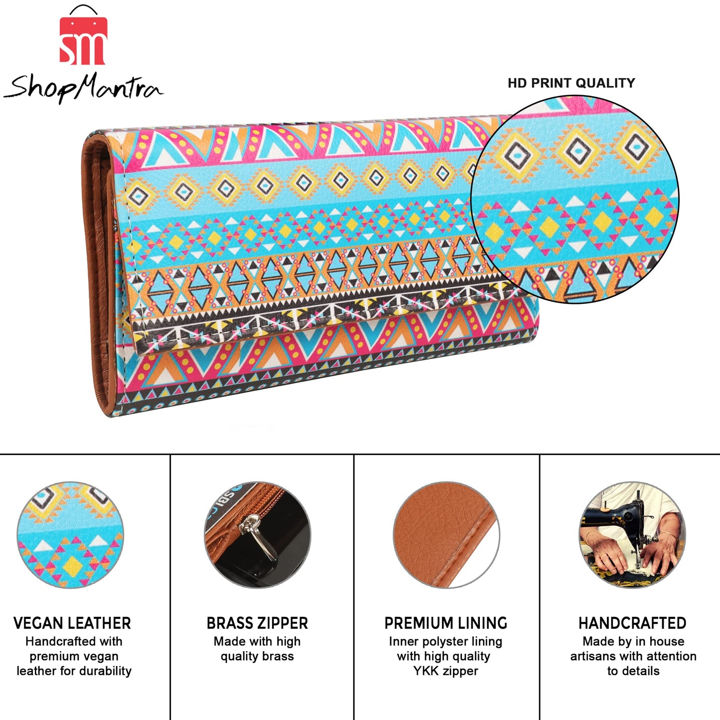 ShopMantra Women's Wallet Unique Print | Clutch | Vegan Leather | 11 Cards 1 ID Slot | 2 Notes and 1 Coin Compartment | Key Holder | Magnetic Closure | Multicolor-Ethnic Pattern