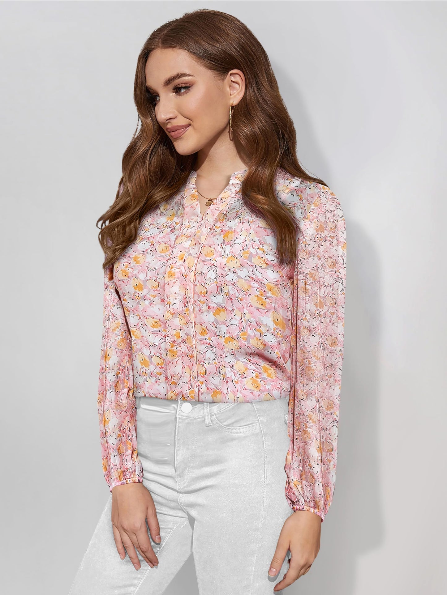 KERI PERRY Women's Peach Georgette Floral Straight Western Top | Winter Top | Western Top | Top for Women | Latest Women Top | Trendy Women Top