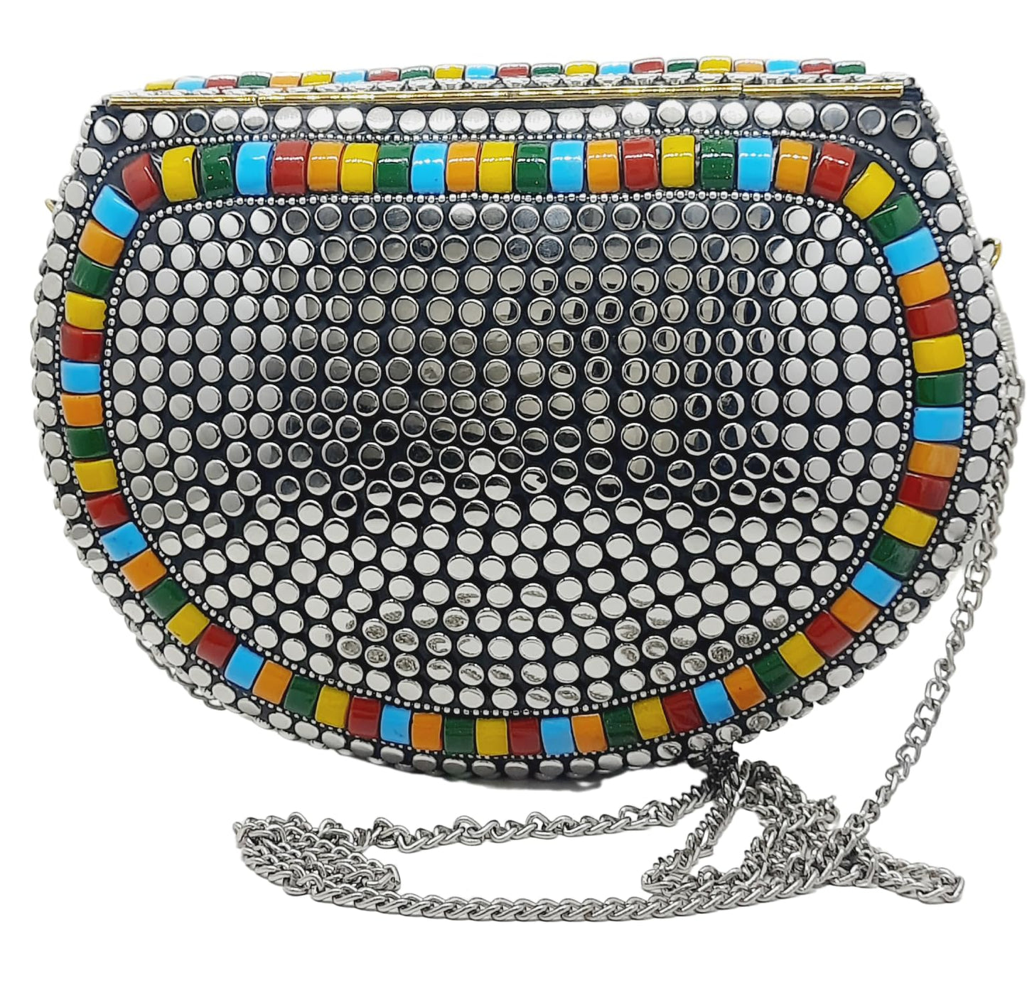 Trend Overseas Silver metal Beaded Ethnic purse Girls Bridal Bag cross body bag for women/Girl party clutch Metal clutches Vintage Brass (Multi Stone)