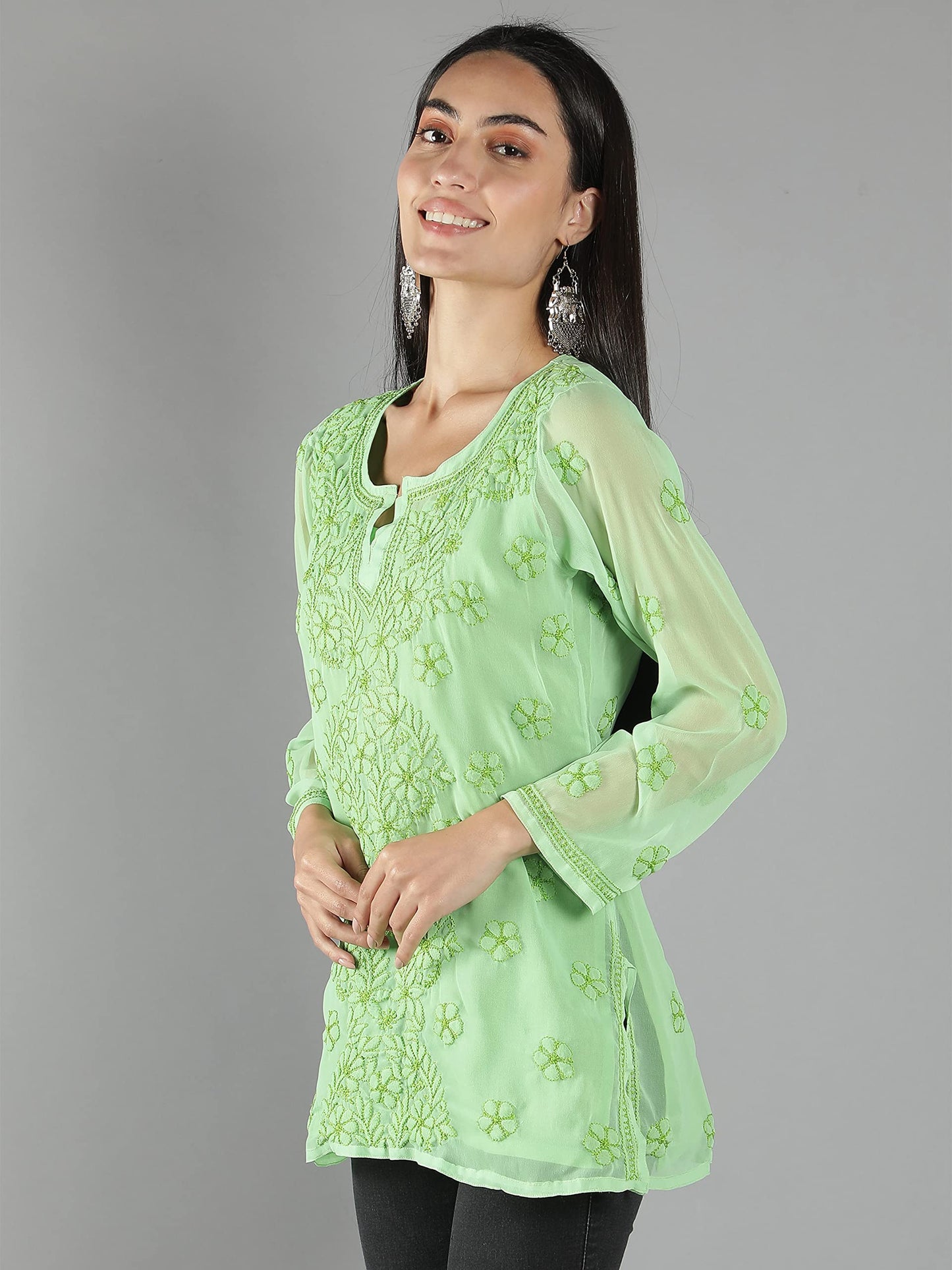 Seva Chikan Hand Embroidered Lucknowi Chikankari Green Georgette Short Top Tunic with Matching Inner Slip for Womens (Green)