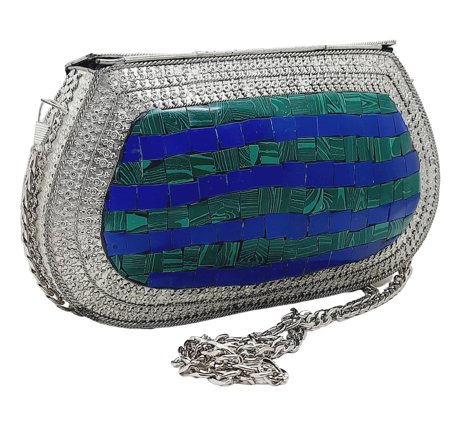 Trend Overseas Handmade Antique Stone Bag Ethnic Clutch - Metal Bag Perfect for Parties, Fits All Cellphone Models (Silver Green)