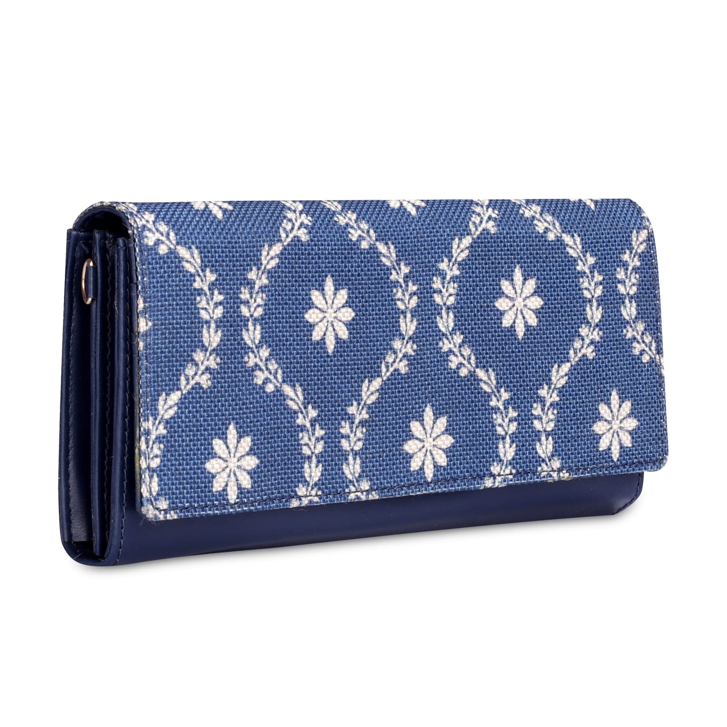 The Clownfish Jolene Printed Handicraft Fabric & Vegan Leather Ladies Wallet Purse Sling Bag with Multiple Card Slots (Royal Blue)