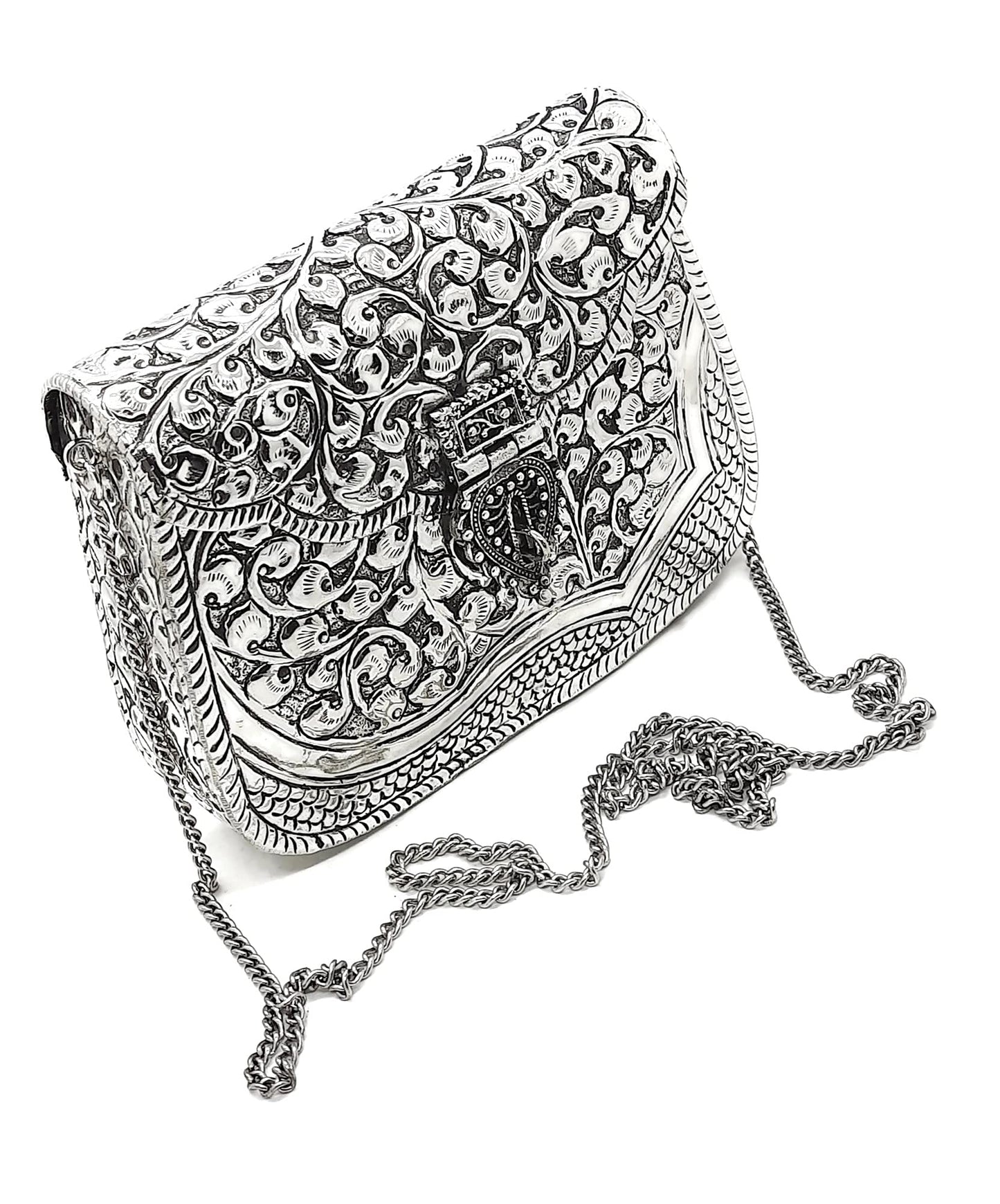 Trend Overseas Handmade Bridal Women's Antique Brass Purse Ethnic Metal Clutch Gift item (Silver)