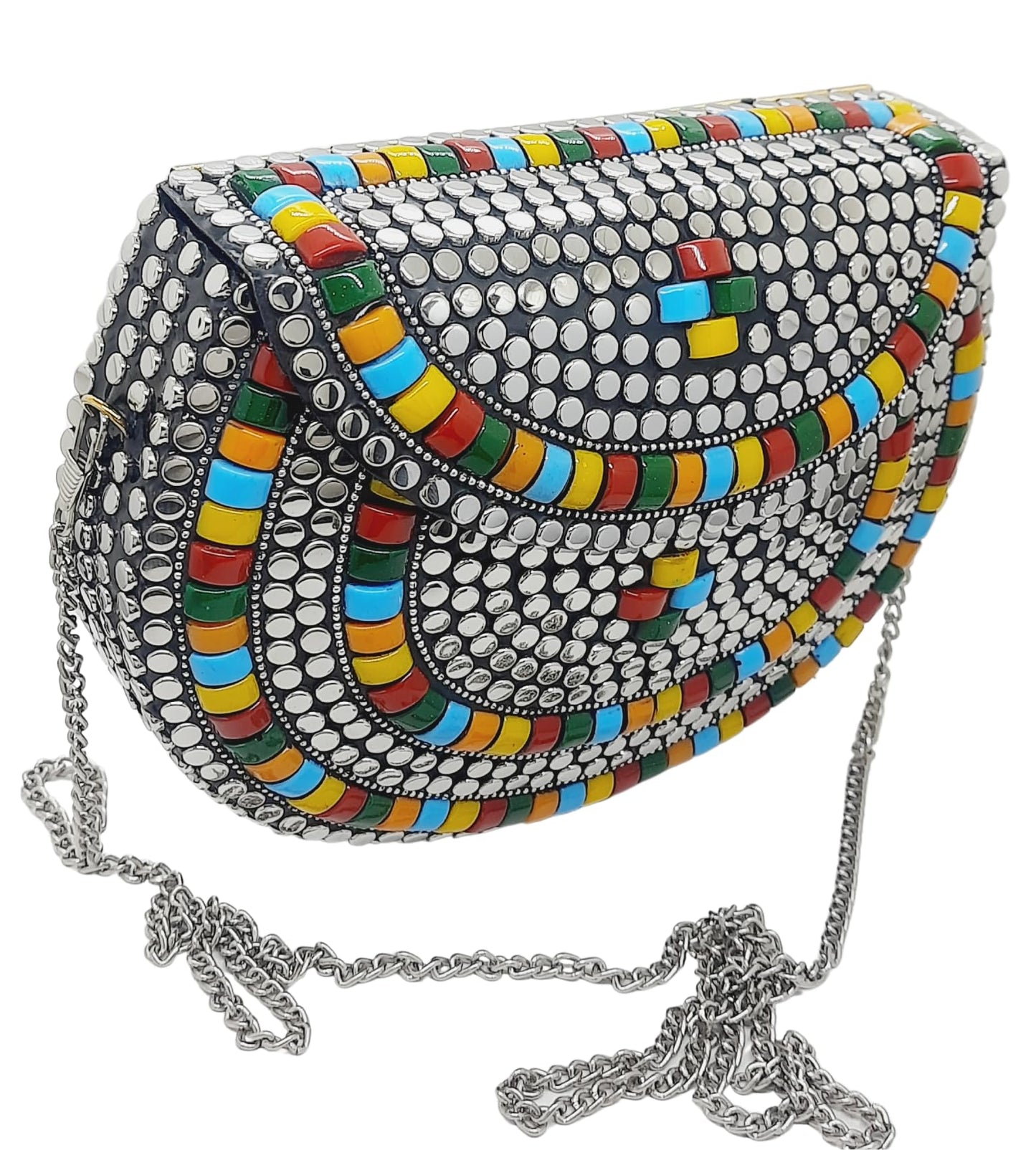 Trend Overseas Silver metal Beaded Ethnic purse Girls Bridal Bag cross body bag for women/Girl party clutch Metal clutches Vintage Brass (Multi Stone)