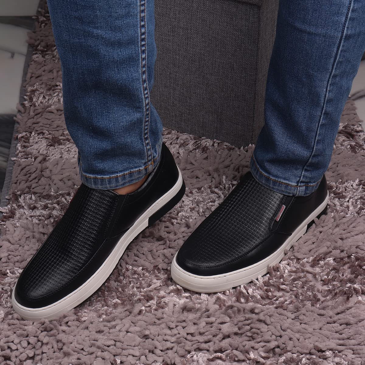Red Chief Black Leather Slip on Sneakers for Men