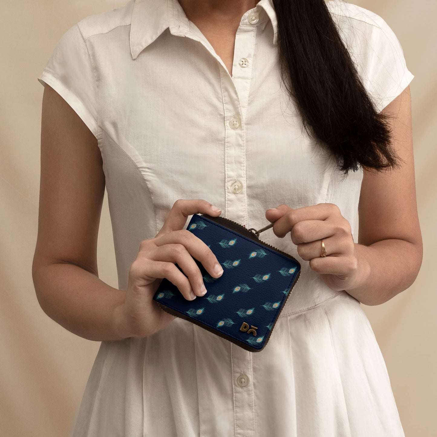 DailyObjects Navy Feathers Women's Zip Wallet | Made with Leather Material | Carefully Handcrafted | Holds up to 8 Cards | Slim and Easy to Fit in Pocket | Coin Pocket with Button Closure