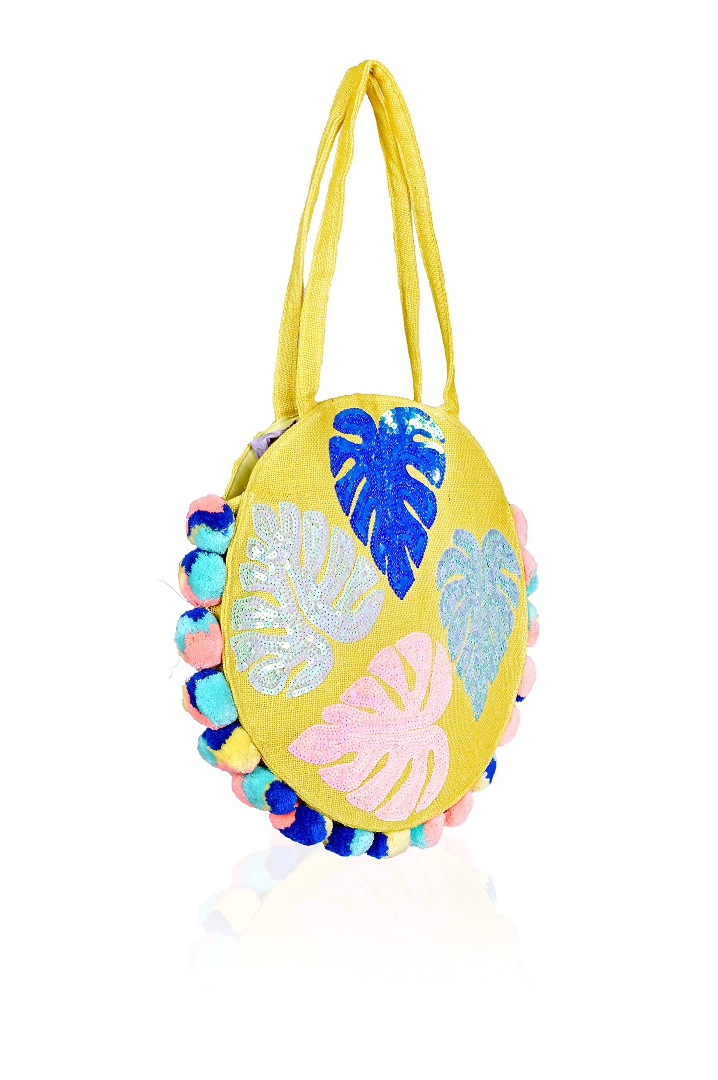 Boho Girl Multicolor Cotton Palm Leaves Jute Round Tote | Boho Beach Bags For Women and Girls