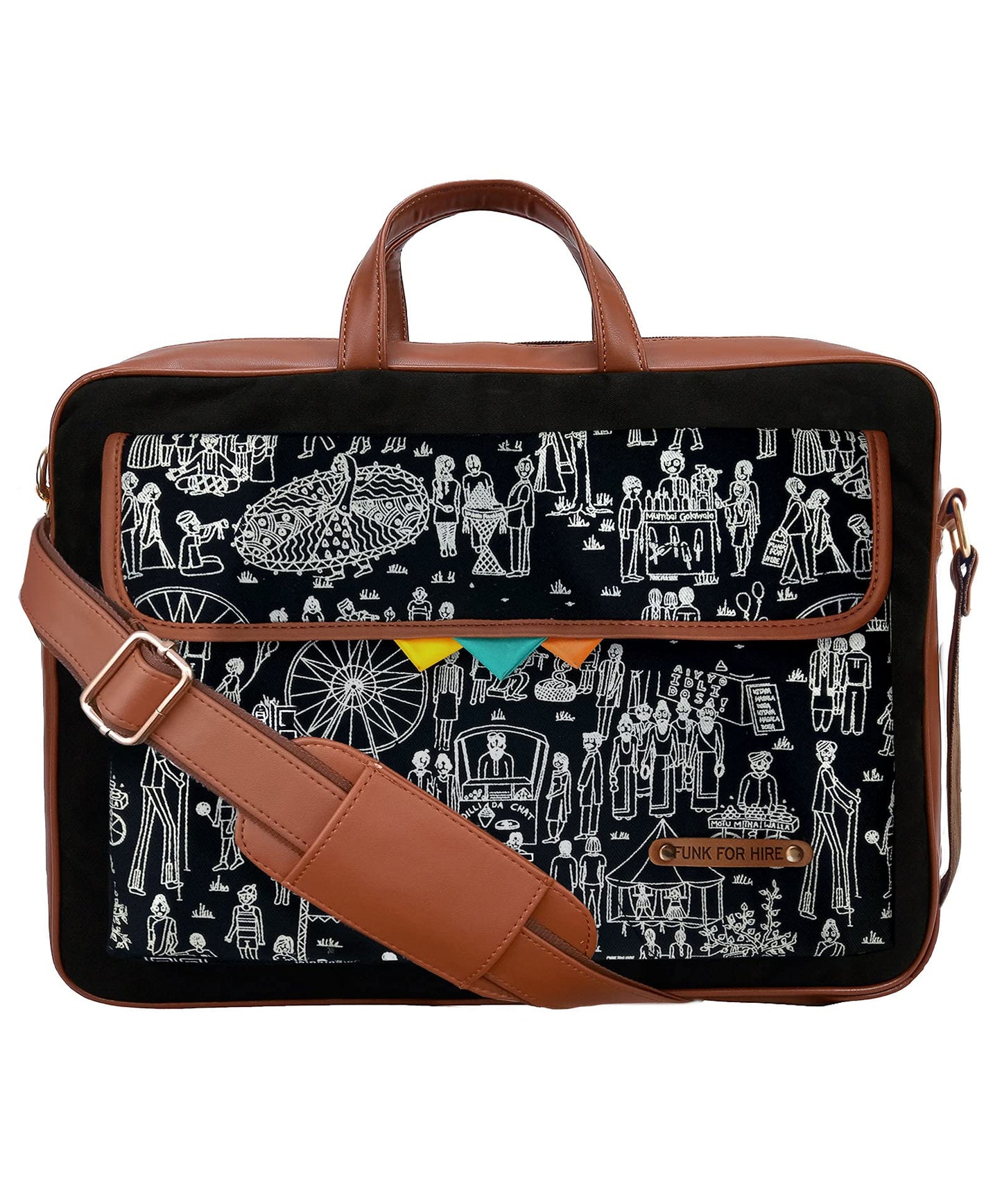 Funk For Hire Mela Printed One Pocket Cotton Canvas Unisex 15.6 inch Laptop Bag Black