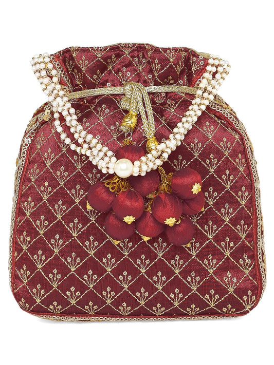 Peora Maroon Potli Purses for Women Handmade Evening Handbag Stylish Bridal Fashion Wristlet Bag for Girls