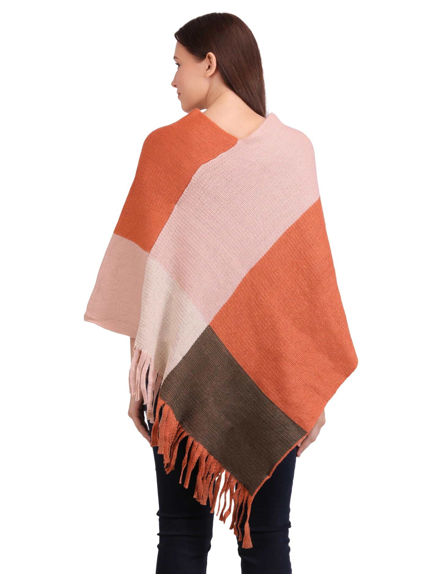 MANRA Women's Kashmiri Woolen V-Neck Strip Poncho Cape Coat for Winter (Pink- Rust)