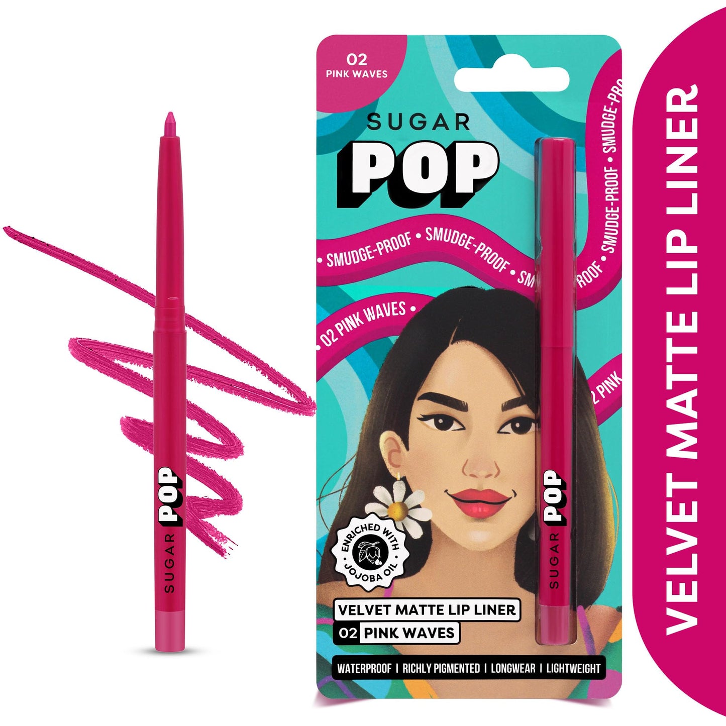 SUGAR POP Velvet Matte Lip Liner - 02 Pink Wave (Hot Pink) | Smudge-proof & Transfer-proof | Creamy Matte Finish | 0.27g