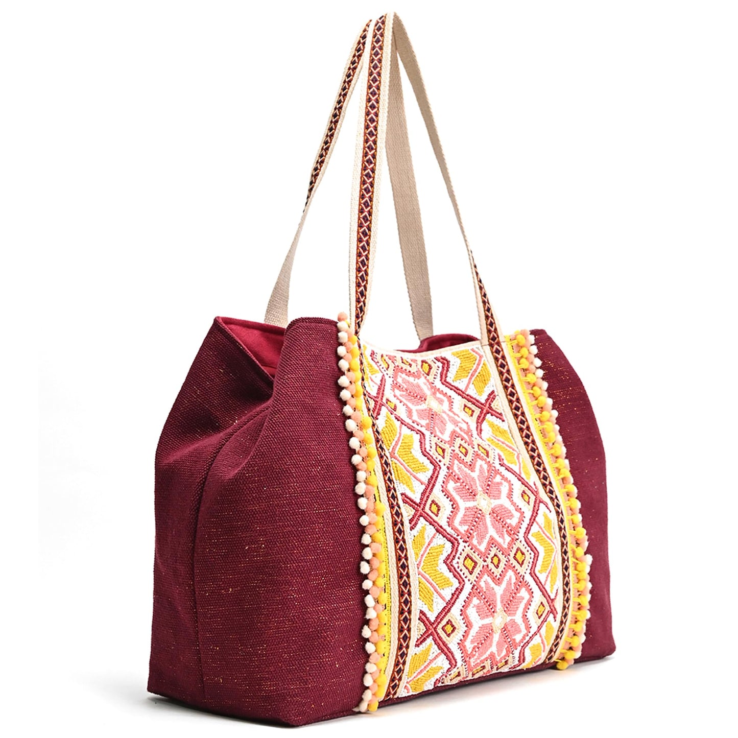 Boho Girl Geometric Beaded Maroon Tote with Pompom Tassles | Canvas Tote Bag for Women and Girls with Zip and Tassels