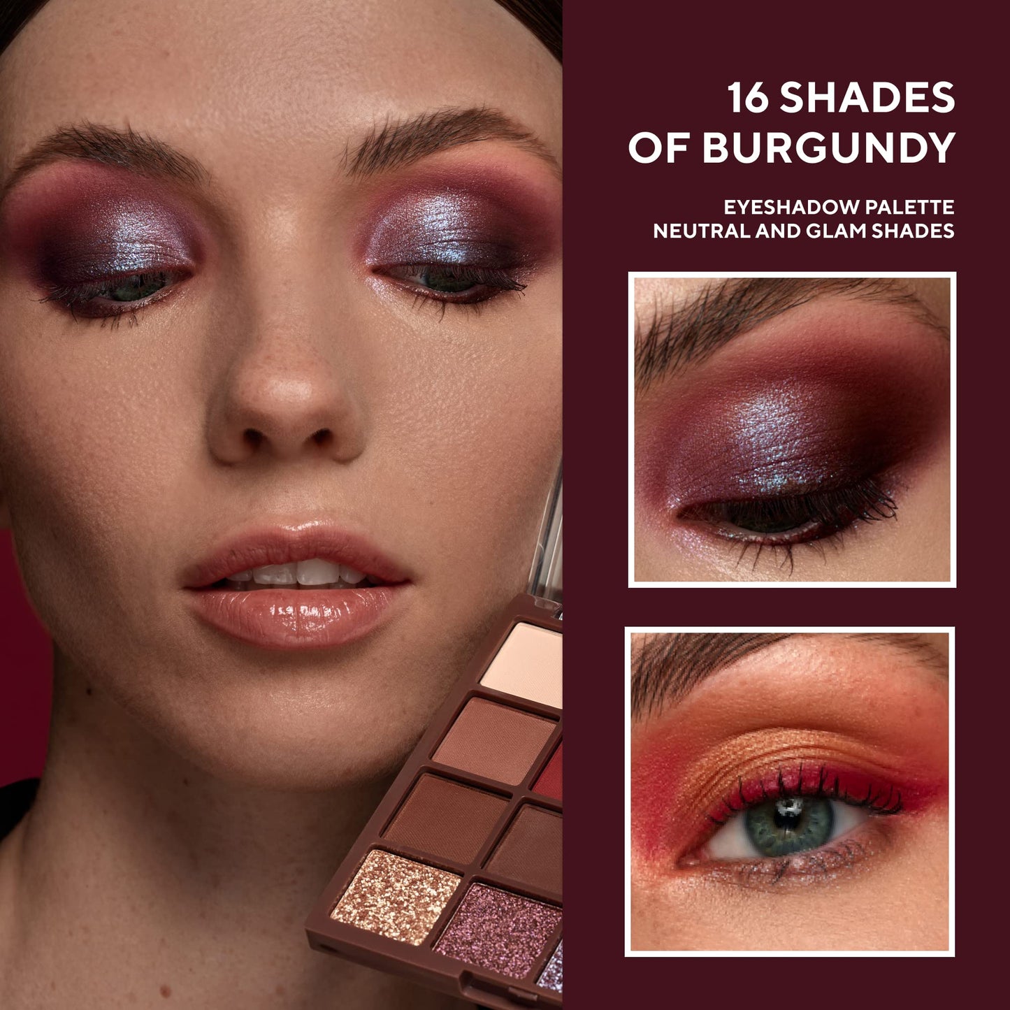 Lamel- 16 Shades of Burgundy- Eyeshadow Palette | Silky-smooth, creamy eyeshadows | Rich pigment |Does not crease or smudge |Perfect for casual and dramatic looks | Ultra blendable formula | 16 gm