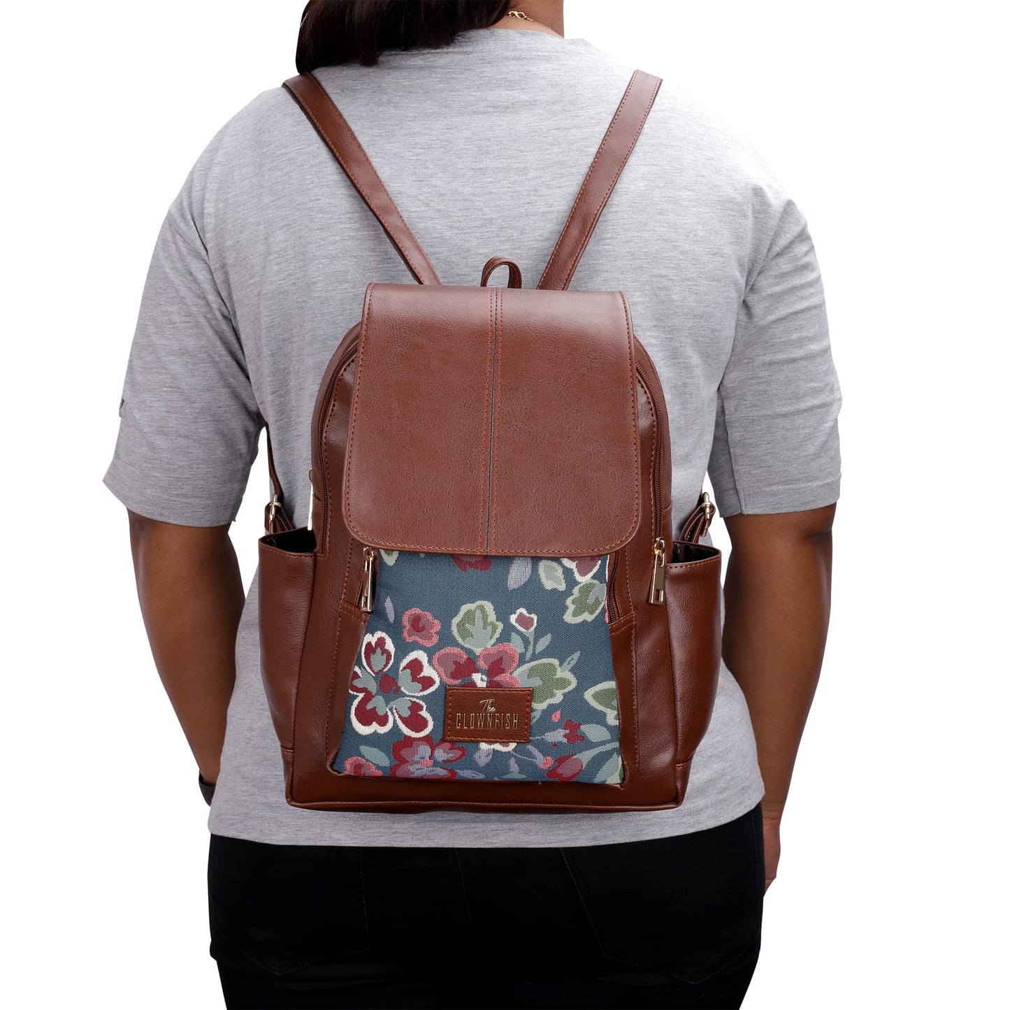 THE CLOWNFISH Minerva Faux Leather & Tapestry Women's Backpack College School Bag Casual Travel Backpack For Ladies Girls (Persian Blue- Floral)