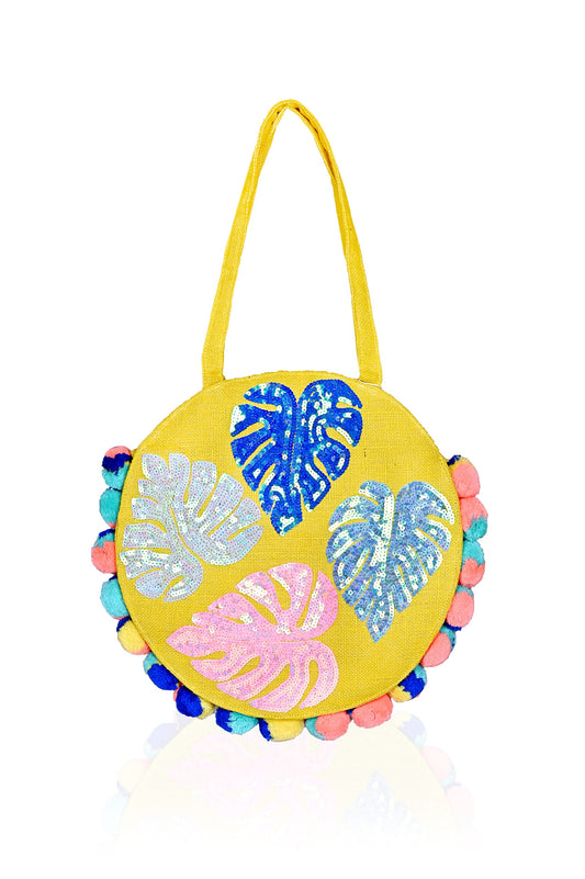 Boho Girl Multicolor Cotton Palm Leaves Jute Round Tote | Boho Beach Bags For Women and Girls