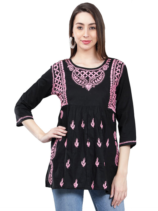 Seva Chikan Hand Embroidered Lucknowi Chikankari Black Cotton A-Line Short Top Tunic for Women (Black)