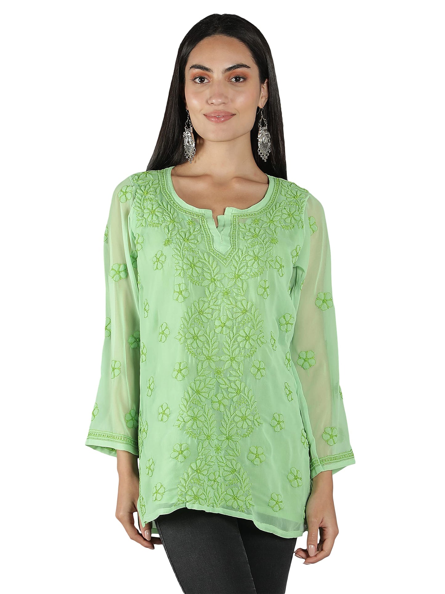 Seva Chikan Hand Embroidered Lucknowi Chikankari Green Georgette Short Top Tunic with Matching Inner Slip for Womens (Green)