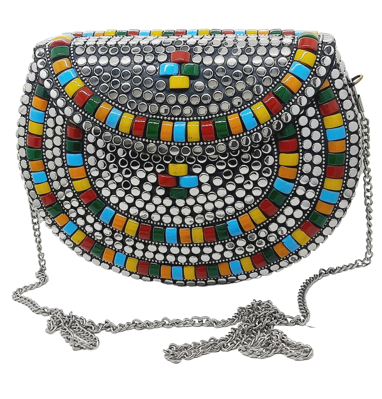 Trend Overseas Silver metal Beaded Ethnic purse Girls Bridal Bag cross body bag for women/Girl party clutch Metal clutches Vintage Brass (Multi Stone)