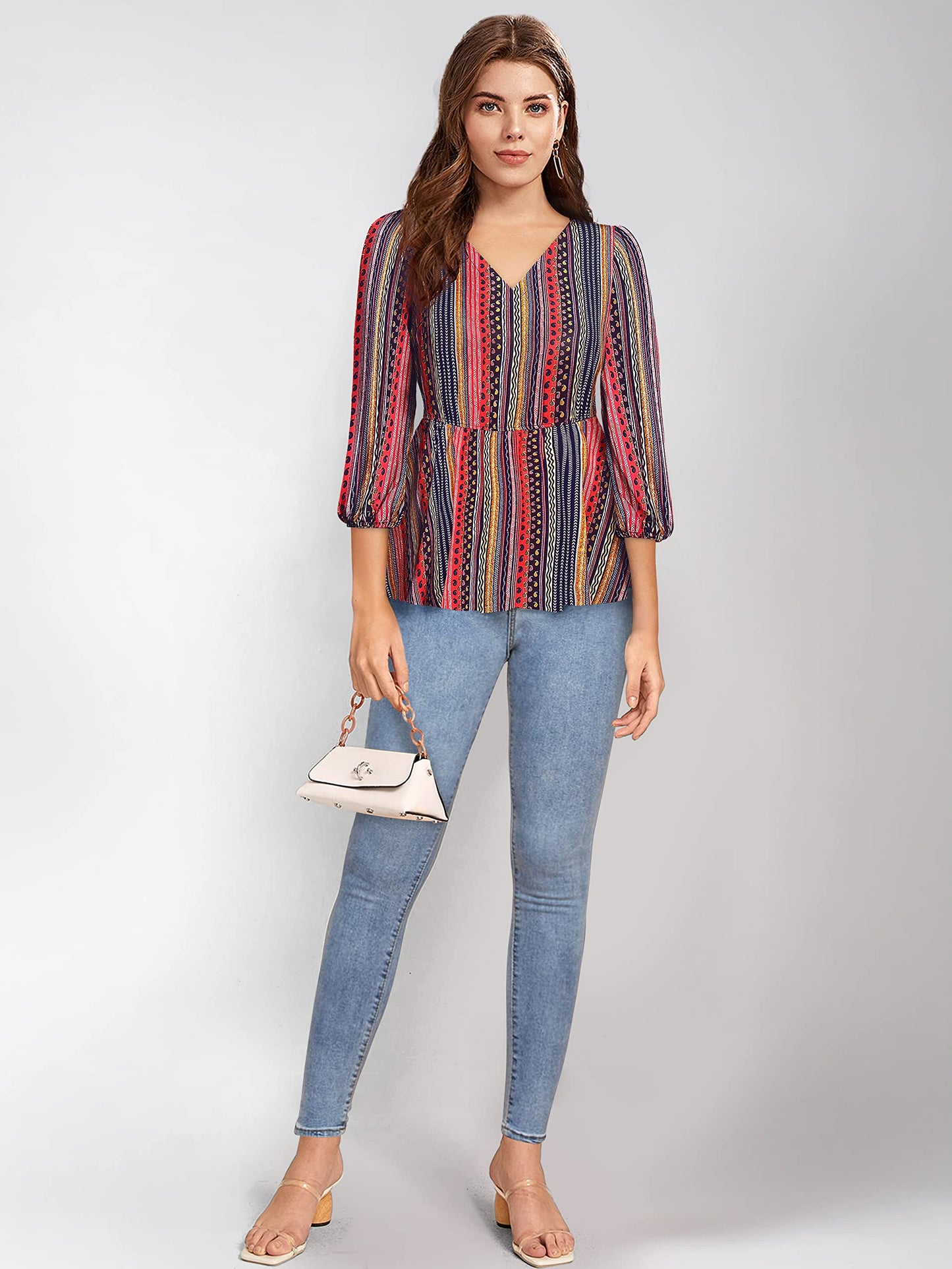 KERI PERRY Women's Multicolor Imported Polyester Stripe Flared Western Top