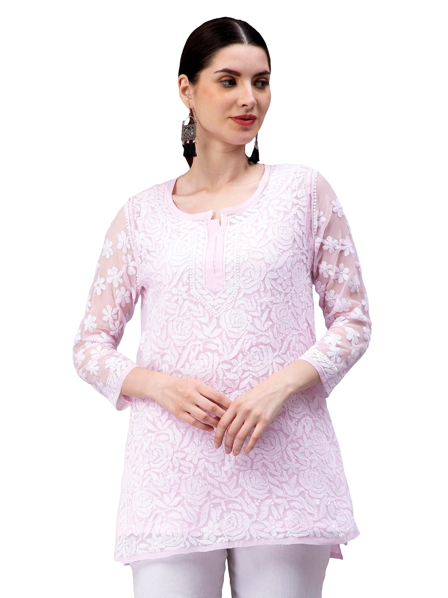 Seva Chikan Hand Embroidered Lucknowi Chikankari Pink Georgette Women Short Top & Tunic (Pink)