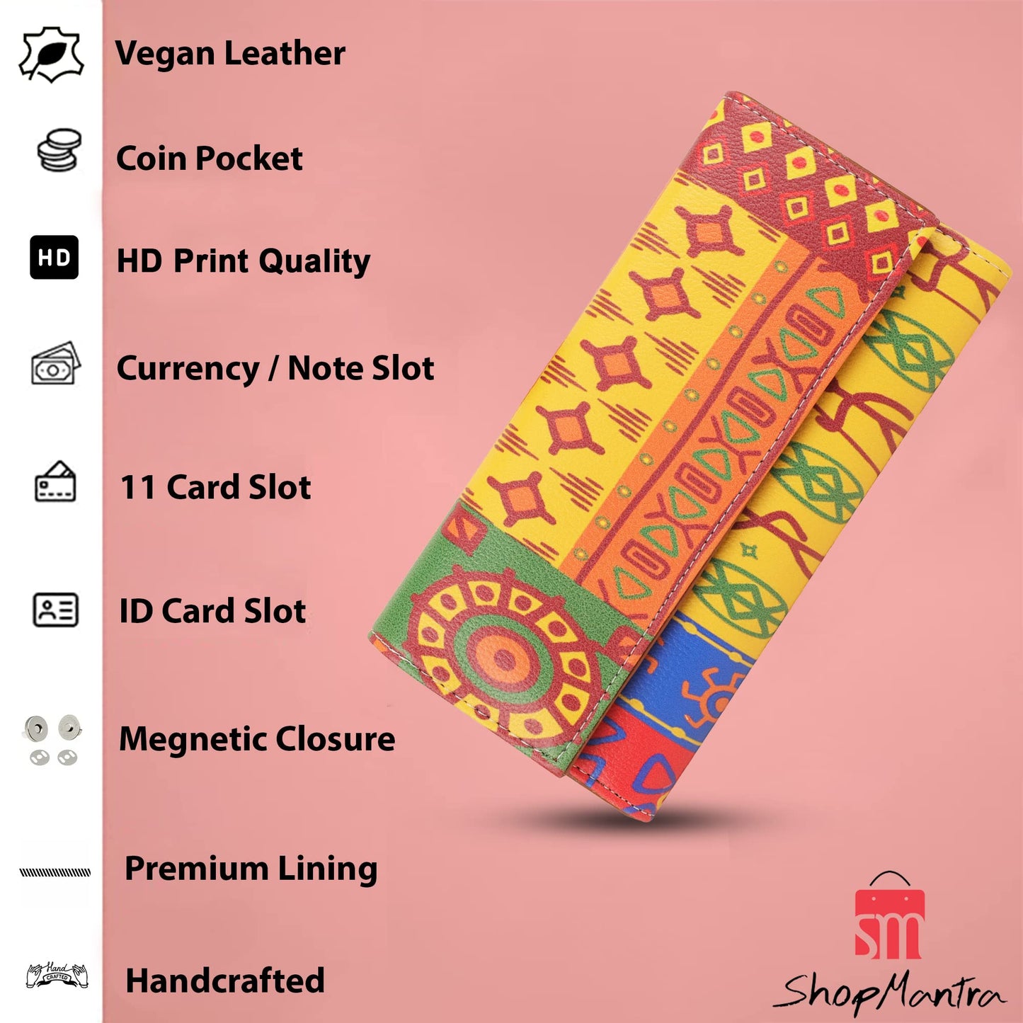 ShopMantra Wallet for Women's |Clutch|Made with Vegan Leather|Holds Upto 11 Cards 1 Id Slot|2 Notes and 1 Coin Compartment|Magnetic Closure|Orange