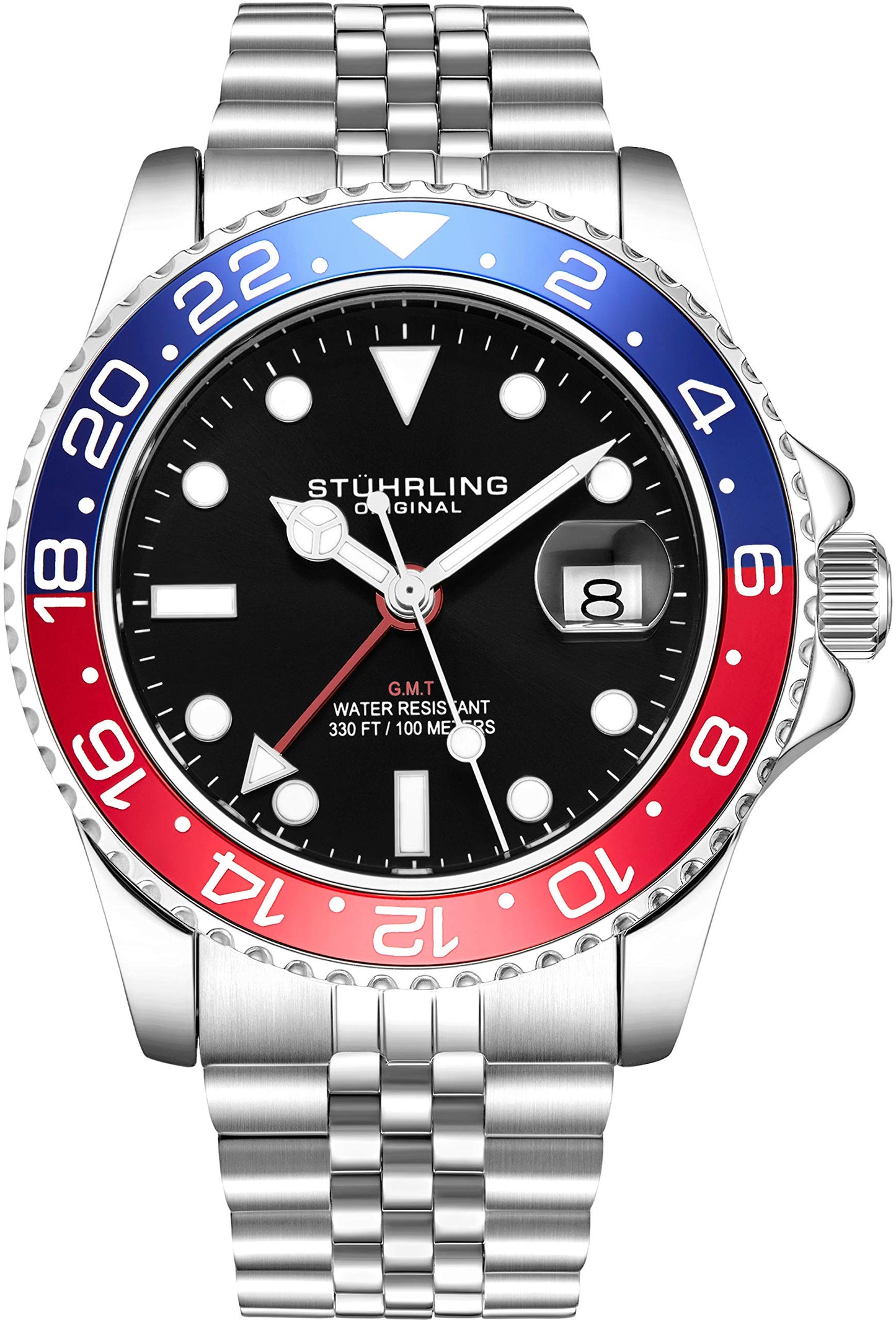 Stuhrling Original Mens Stainless Steel Jubilee Bracelet GMT Watch - Swiss Quartz, Dual Time, Quickset Date with Screw Down Crown, Water Resistant up to 10 ATM, Blue/Red