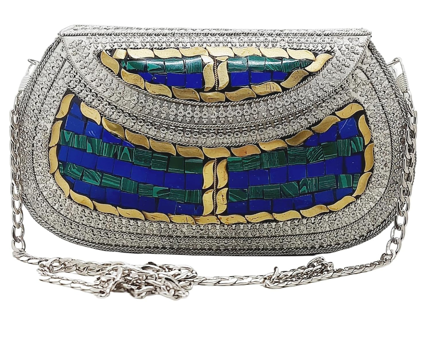 Trend Overseas Handmade Antique Stone Bag Ethnic Clutch - Metal Bag Perfect for Parties, Fits All Cellphone Models (Silver Green)