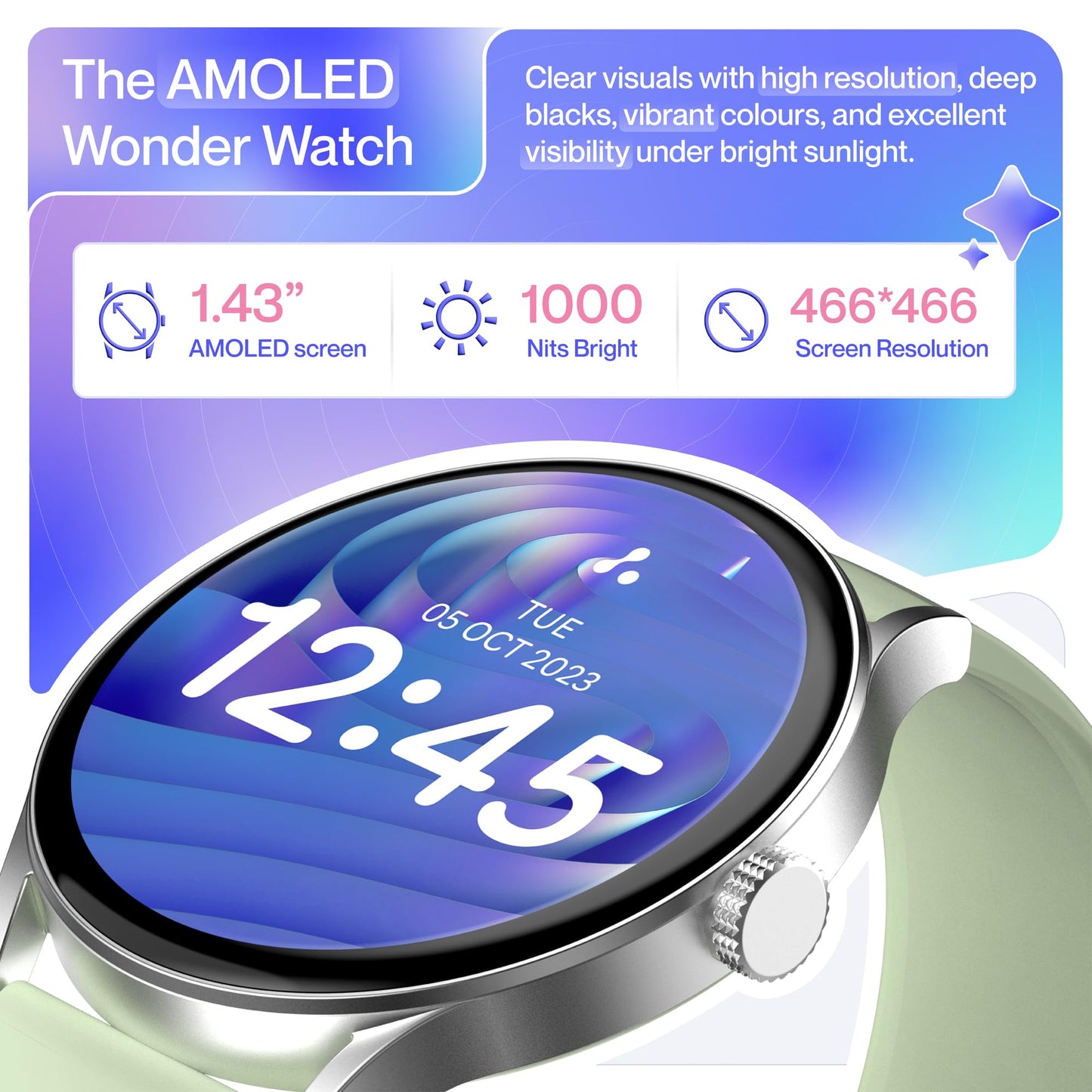 Ambrane 1.43" AMOLED Display, Bluetooth Calling SmartWatch(Marble, Black)