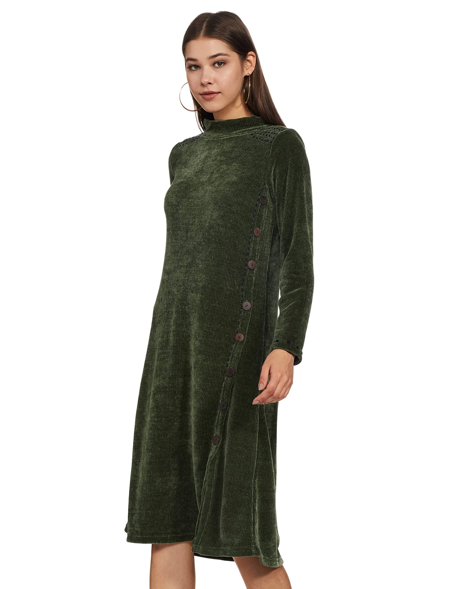 Global Desi Women's Polyester A-Line Regular Length Dress (Olive)