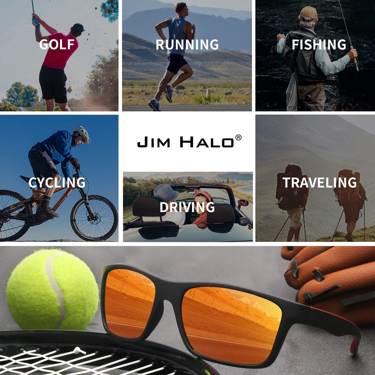 JIM HALO Polarized Sports Sunglasses Mirror Wrap Around Driving Fishing Men Women (Black/Mirror Orange)