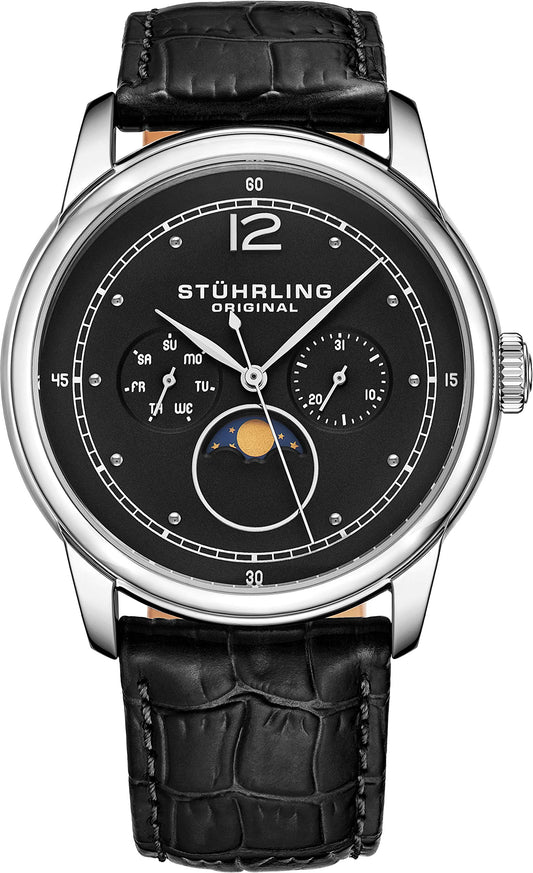 Stuhrling Men's Quartz, Silver-Tone Case, Black Dial, Black Leather Strap Watch