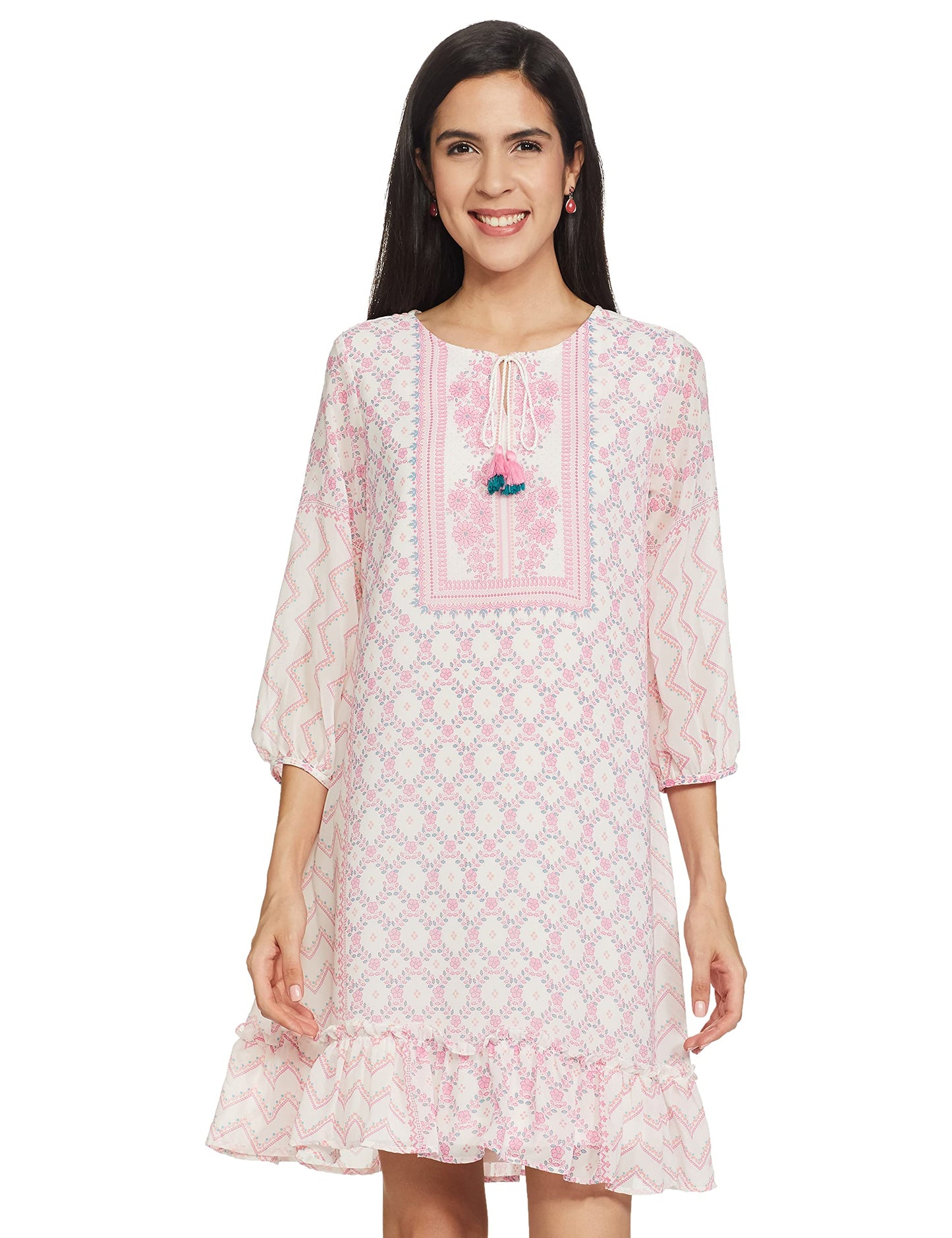 Global Desi Women's Polyester A-Line Knee Length Dress (Pink)