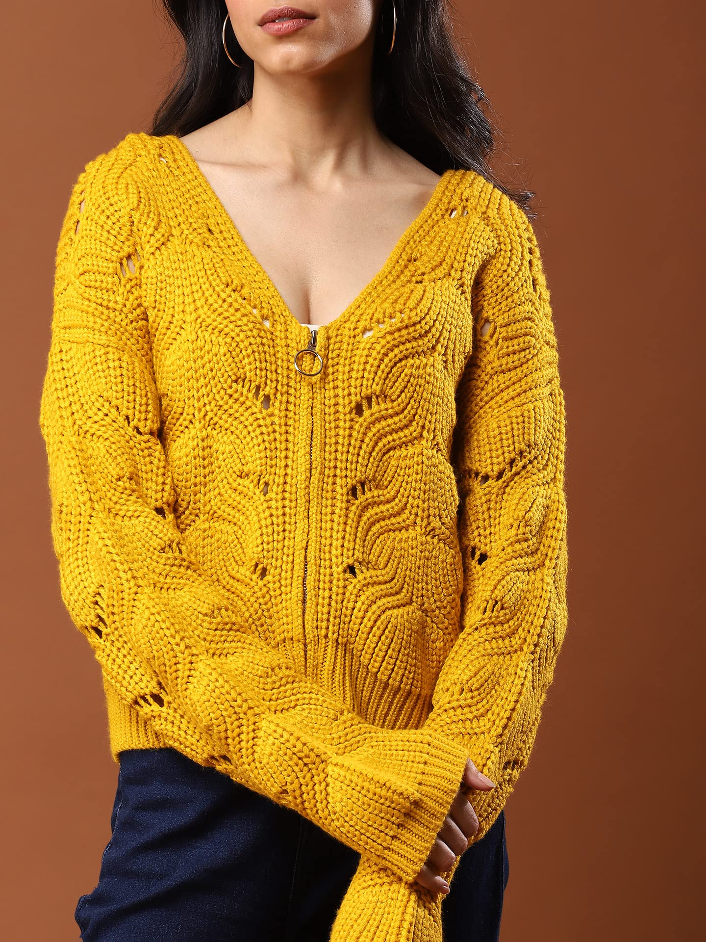 Aarke Ritu Kumar Women's Acrylic V-Neck Sweater SWTHAJ01N30127714-MUSTARD-M Yellow