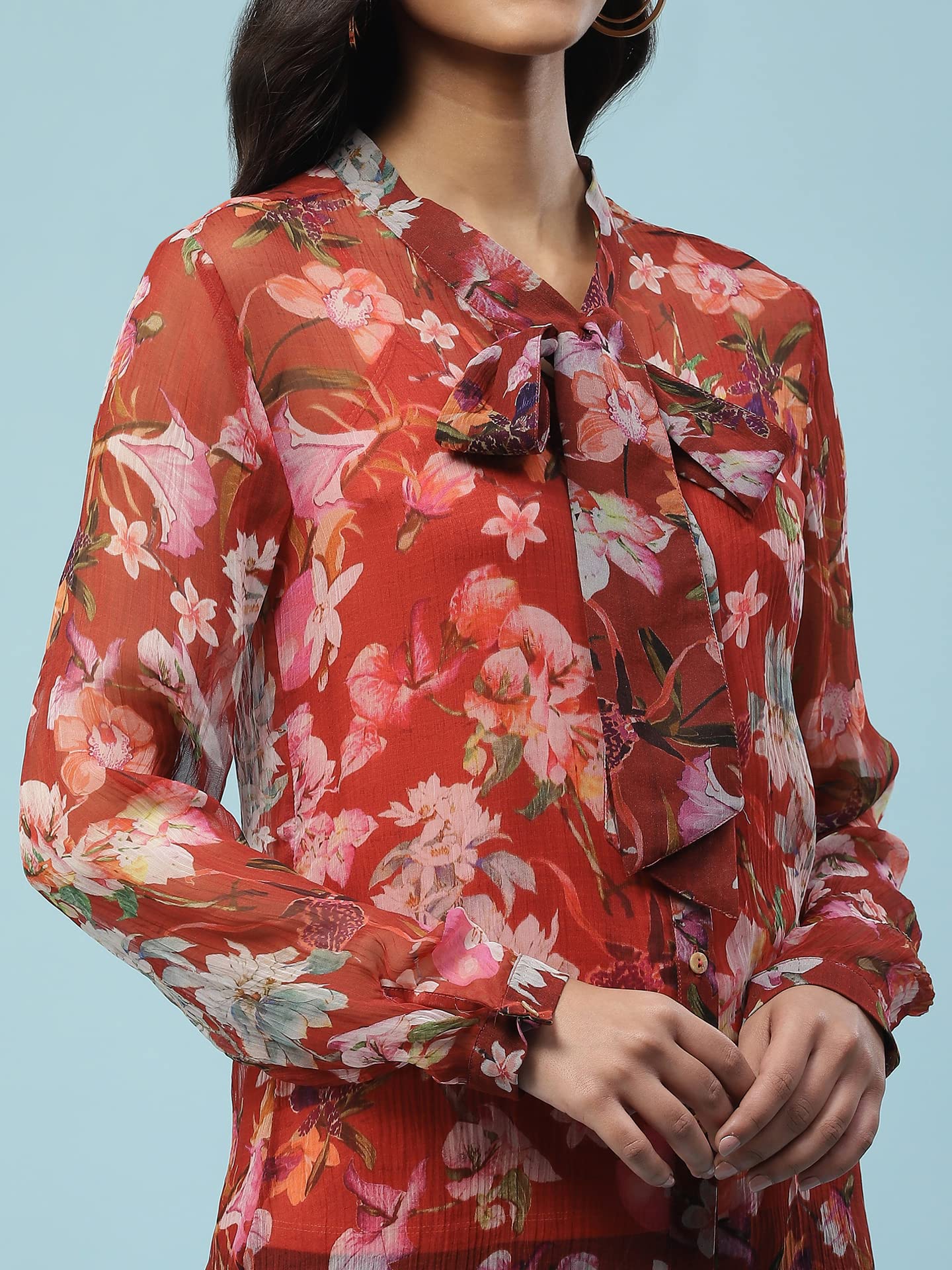 Aarke Ritu Kumar Red Floral Print Tie-Up Shirt with Camisole