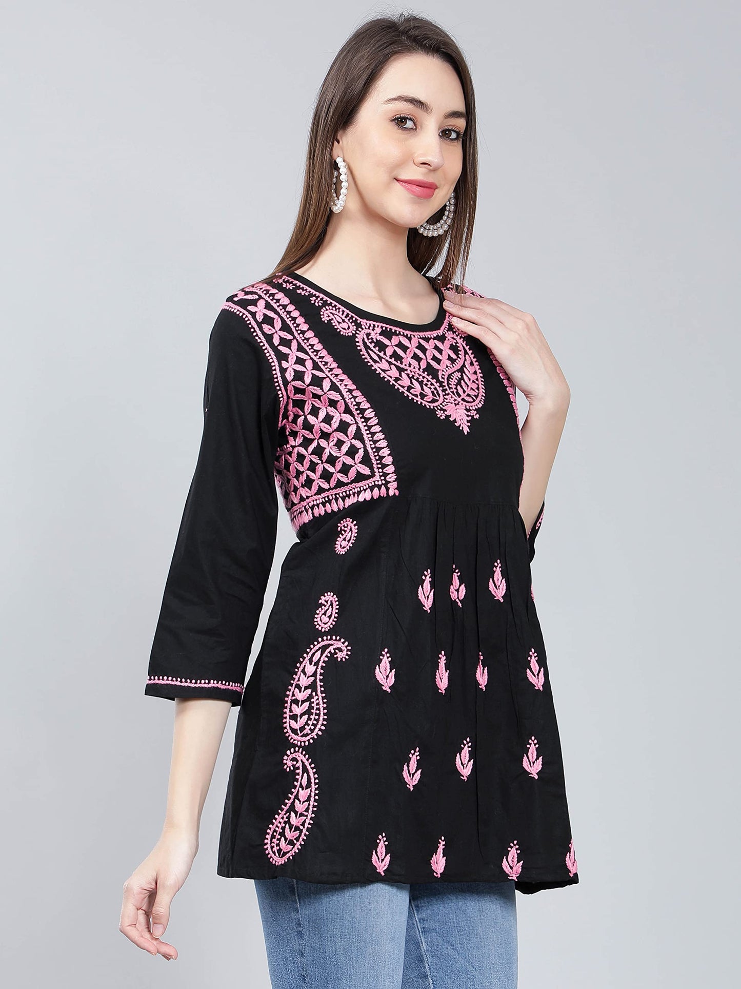 Seva Chikan Hand Embroidered Lucknowi Chikankari Black Cotton A-Line Short Top Tunic for Women (Black)