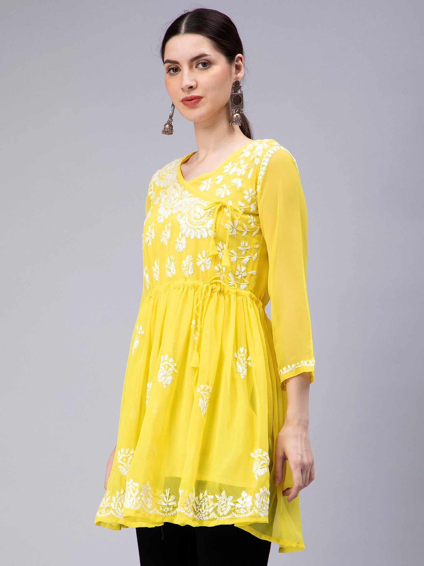 Seva Chikan Hand Embroidered Lucknowi Chikankari Yellow Georgette Women's Top with Inner Slip (Yellow)