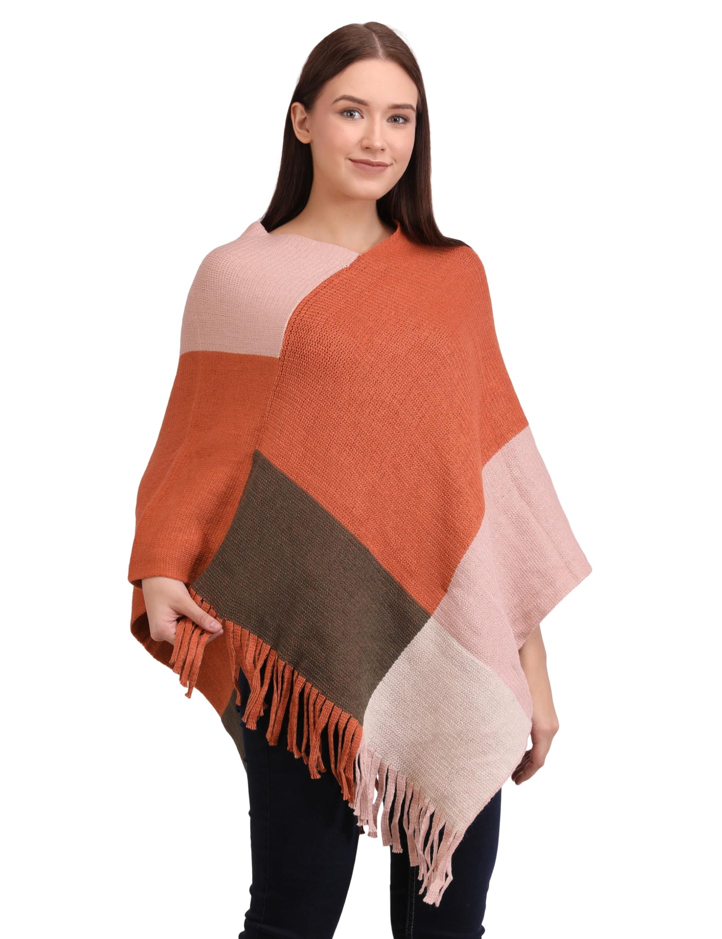 MANRA Women's Kashmiri Woolen V-Neck Strip Poncho Cape Coat for Winter (Pink- Rust)