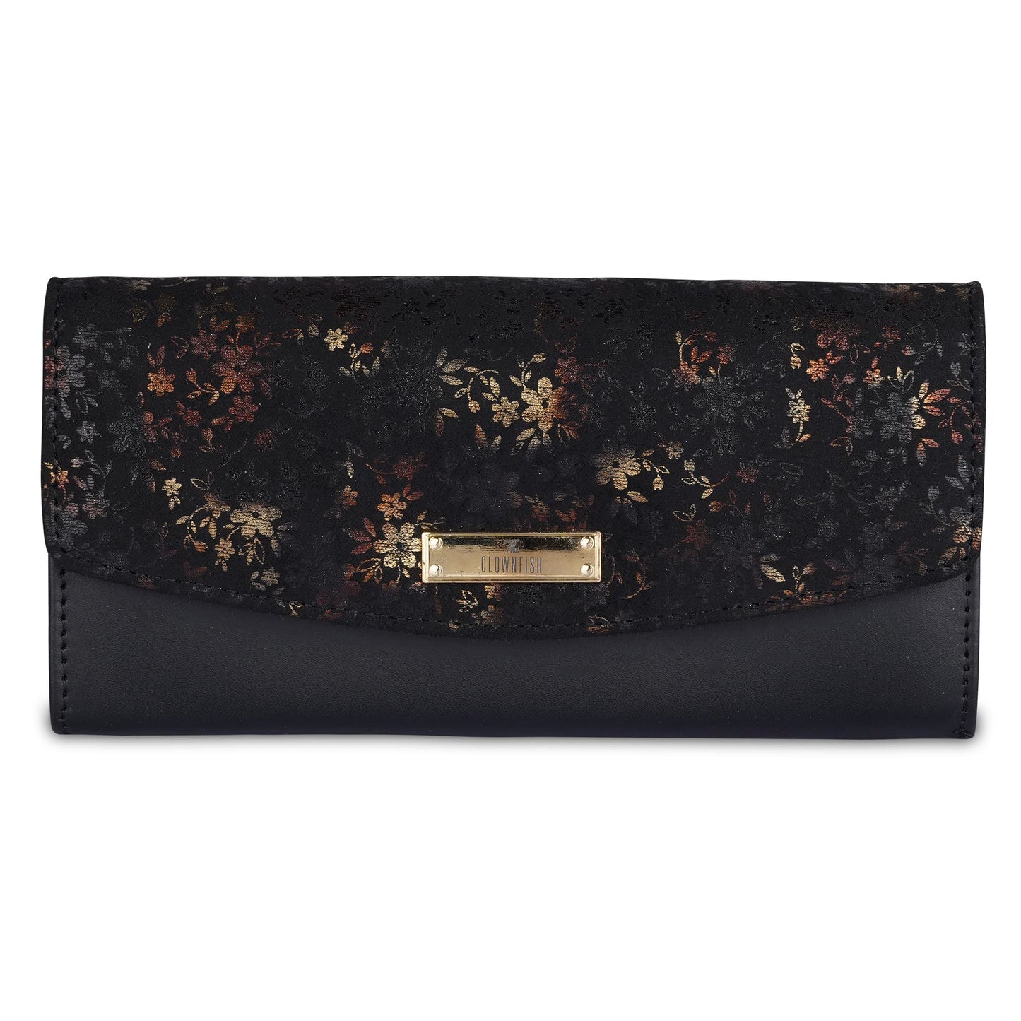 THE CLOWNFISH Jacinta Collection Womens Wallet Clutch Ladies Purse with Floral Design On Flap & Multiple Card Slots (Black)