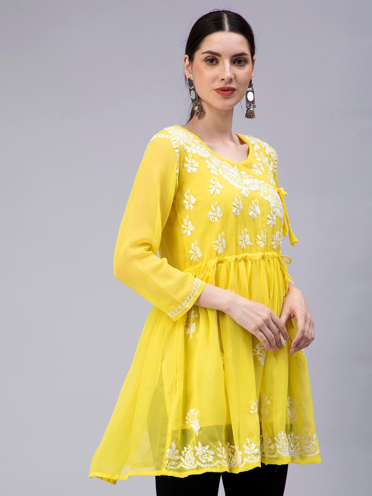 Seva Chikan Hand Embroidered Lucknowi Chikankari Yellow Georgette Women's Top with Inner Slip (Yellow)