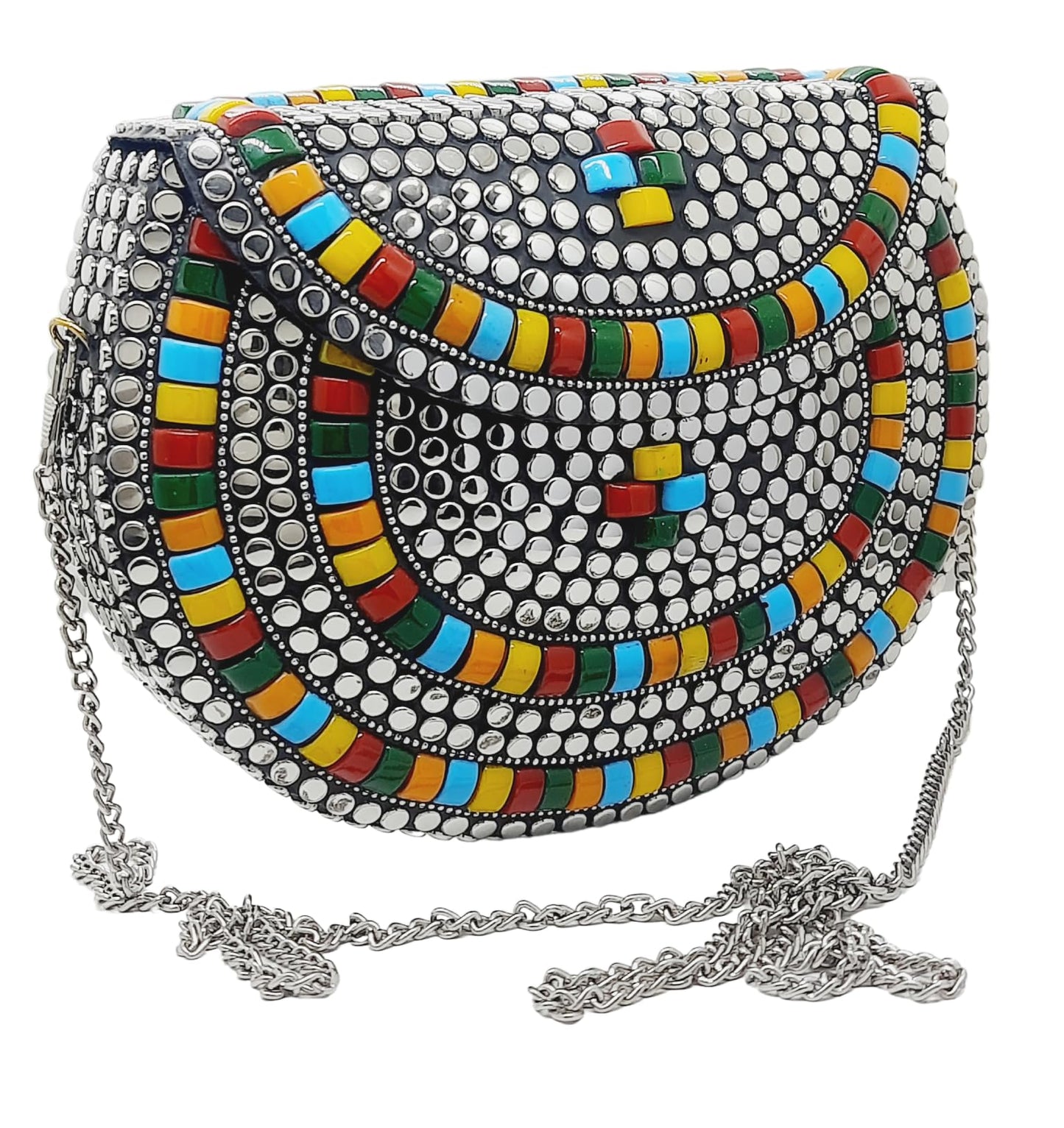 Trend Overseas Silver metal Beaded Ethnic purse Girls Bridal Bag cross body bag for women/Girl party clutch Metal clutches Vintage Brass (Multi Stone)