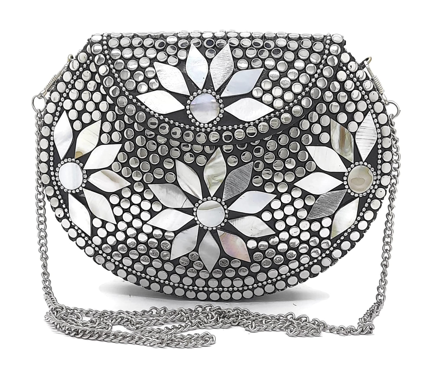 Trend Overseas Silver metal Beaded Ethnic purse Girls Bridal Bag cross body bag for women/Girl party clutch Metal clutches Vintage Brass (MOP Flower)